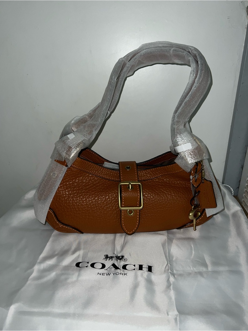 Coach Brown Pebbled Leather Shoulder Bag with Gold Hardware